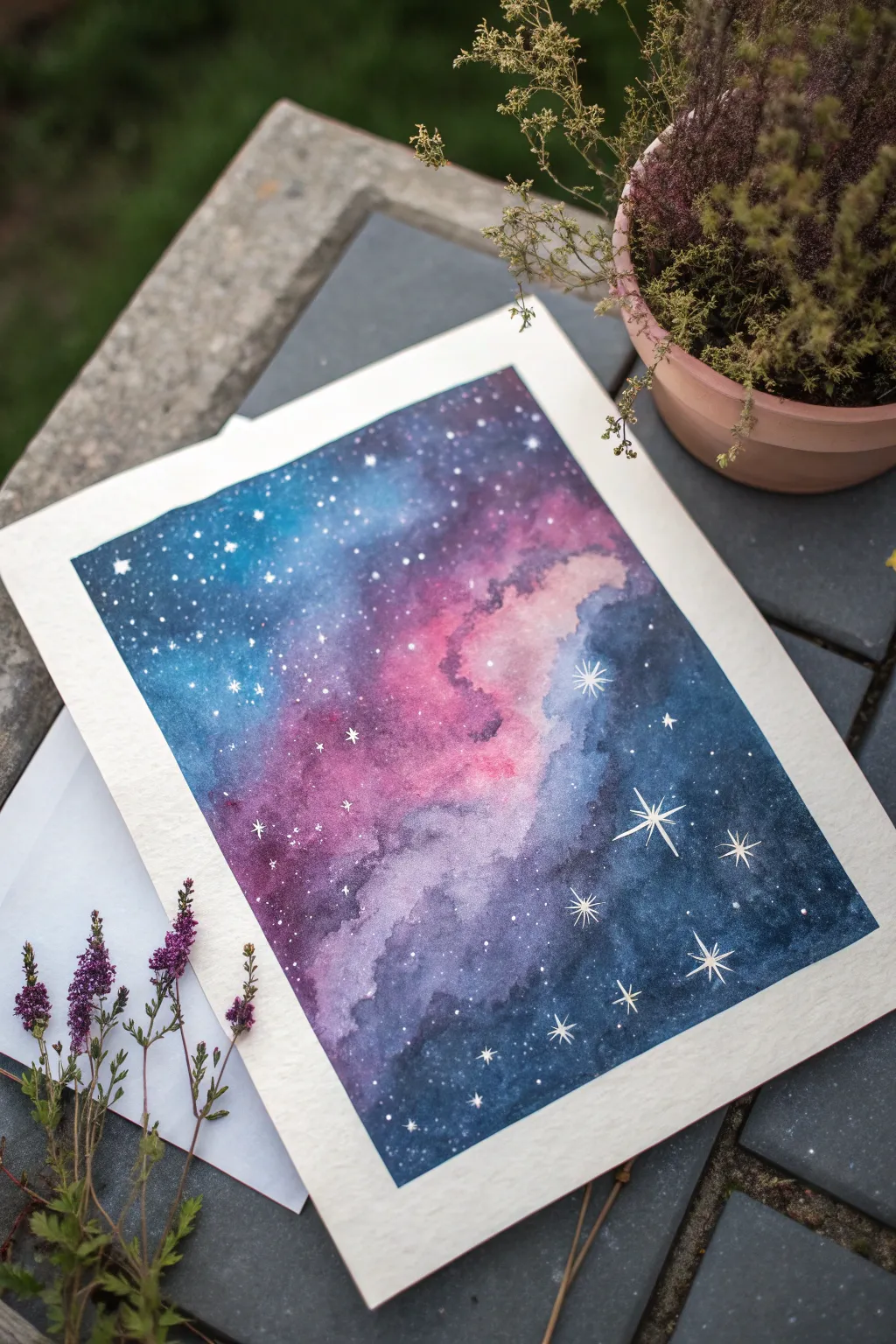 Galaxy wash watercolor with nebula blooms and star splatter for dreamy minimalist art