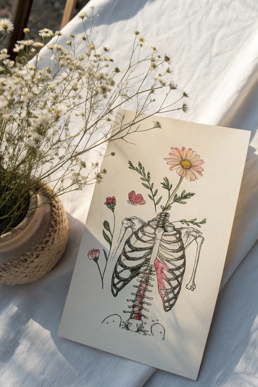 Ribcage vase sketch with delicate blooms and thorny vines for a tender, eerie contrast