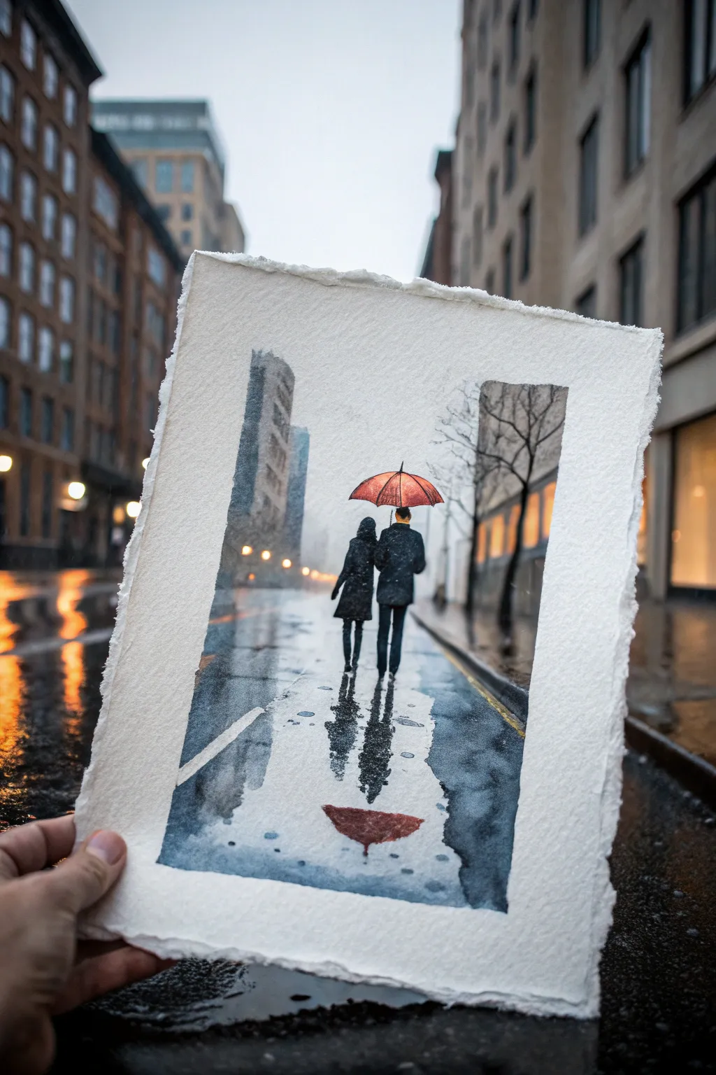 Paint two silhouettes under a bright umbrella, with rainy reflections in calm gray-blue tones