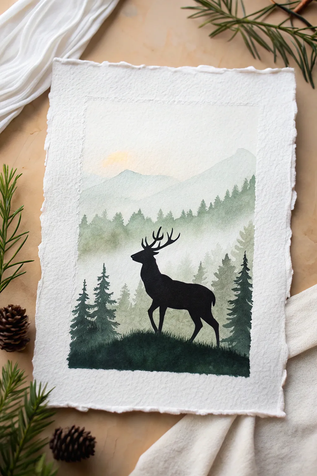 Minimalist deer silhouette with misty forest fill, calming Scandinavian boho vibe