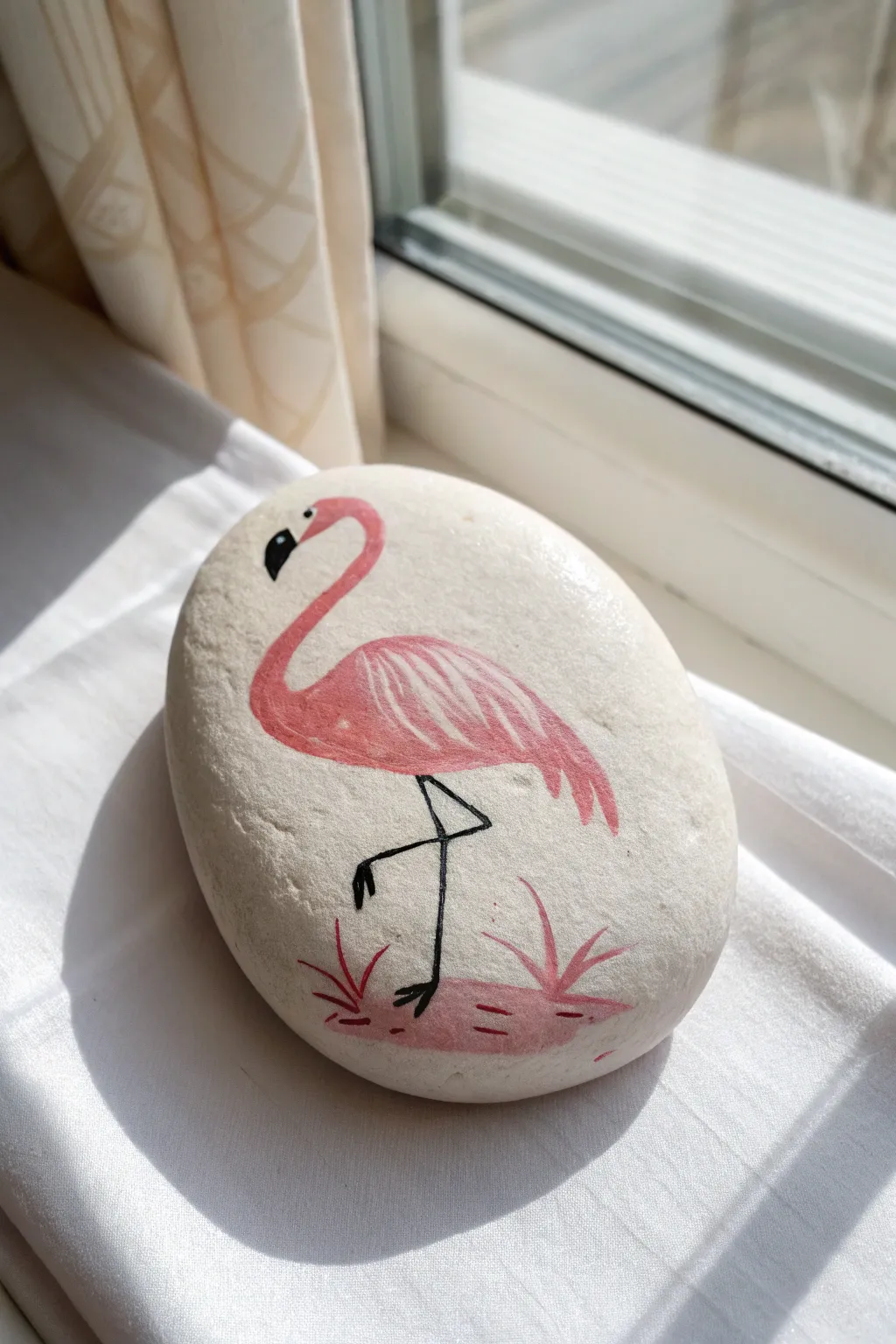 Soft pink flamingo silhouette rock, one-leg pose, minimalist Scandinavian boho craft inspiration.