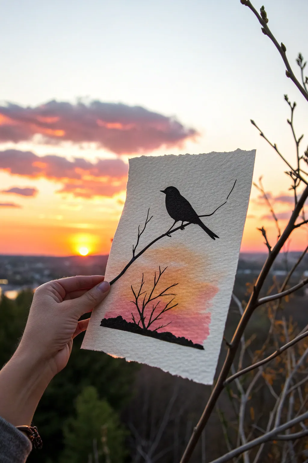 Paint a tiny bird silhouette on a branch, glowing against a blush-orange sunset sky.
