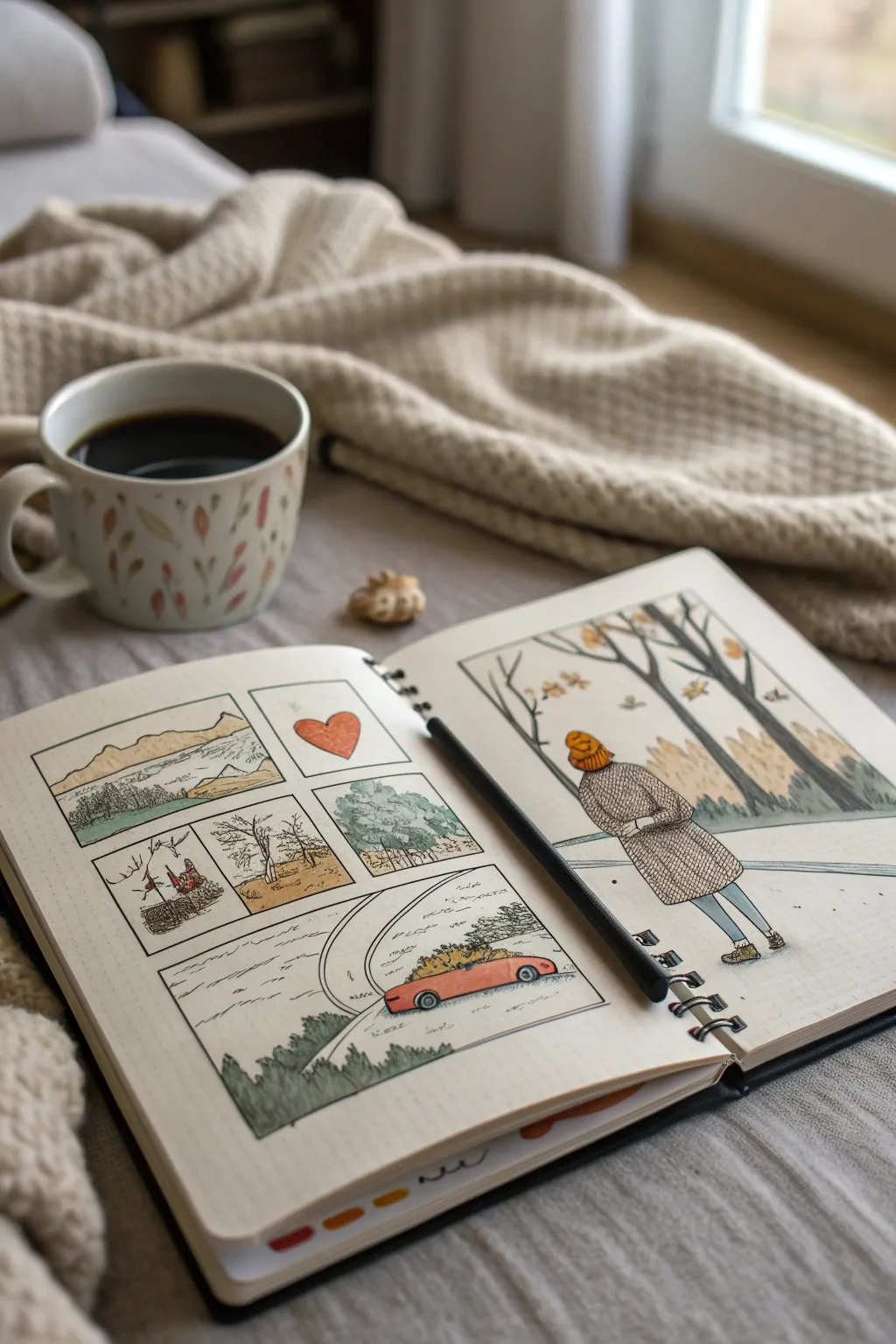Minimal comic strip sketchbook page of anniversary moments, cozy Scandi boho aesthetic.