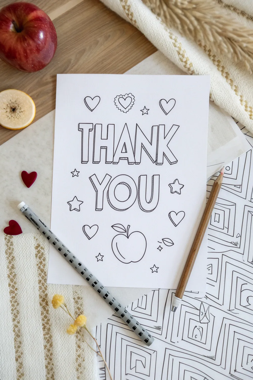 Printable thank you coloring page with bold outlines and simple icons for easy appreciation drawing