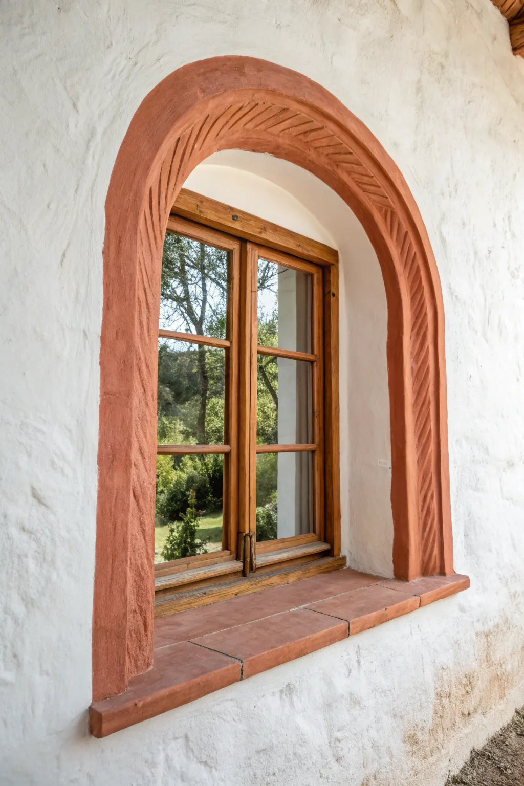 Simple paint trick: a soft terracotta arch above the window makes ceilings feel higher.