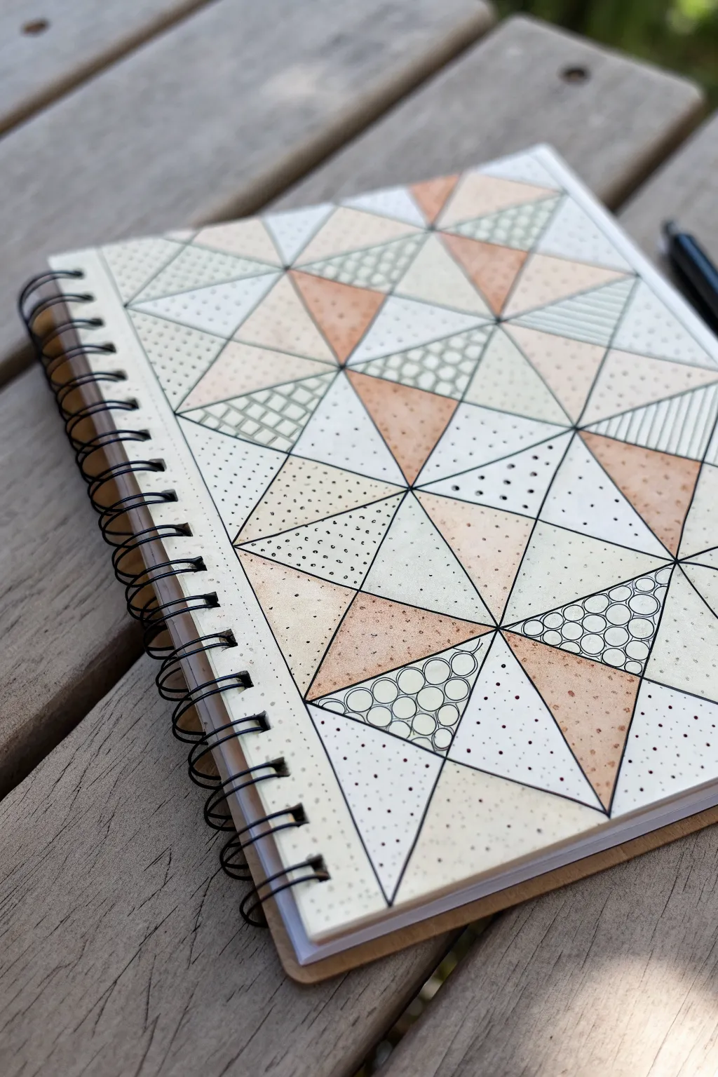 Tessellated triangles and hexagons, some open and some patterned, in soft Scandinavian tones