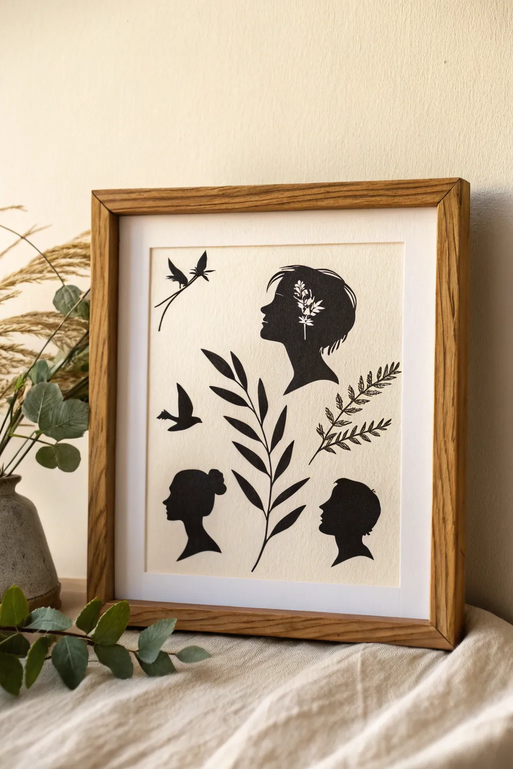 Crisp silhouette trio with airy negative space for a cohesive, minimalist art series start