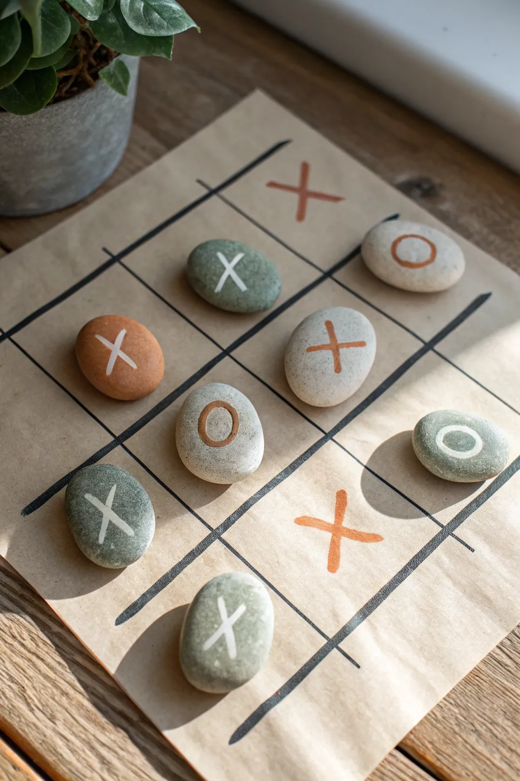 Earthy painted rock tic-tac-toe on kraft paper, simple grid and cozy minimalist boho vibes