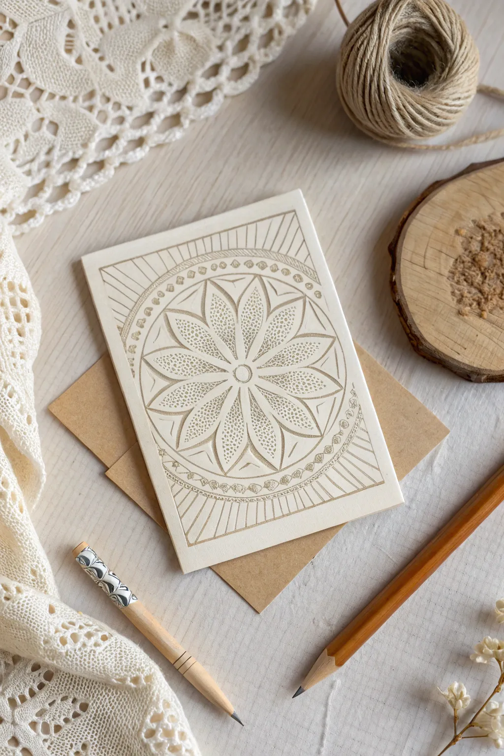 Texture rubbing ATC with lace and wood grain, finished with soft graphite shading.