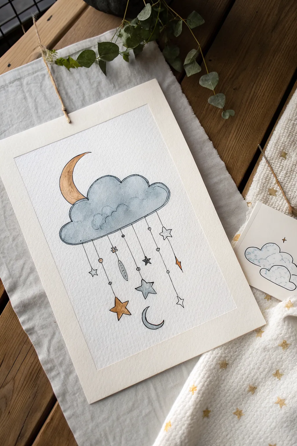 Whimsical cloud mobile with dangling stars and moon, a minimalist drawing idea for dreamy skies