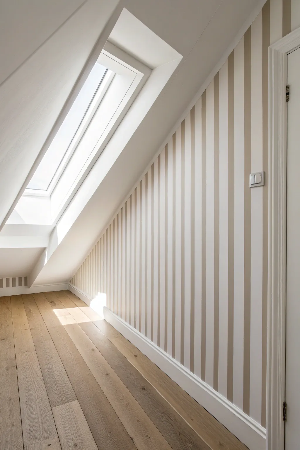Tone on tone stripes along the slope make a narrow attic feel longer, airy, and calm.