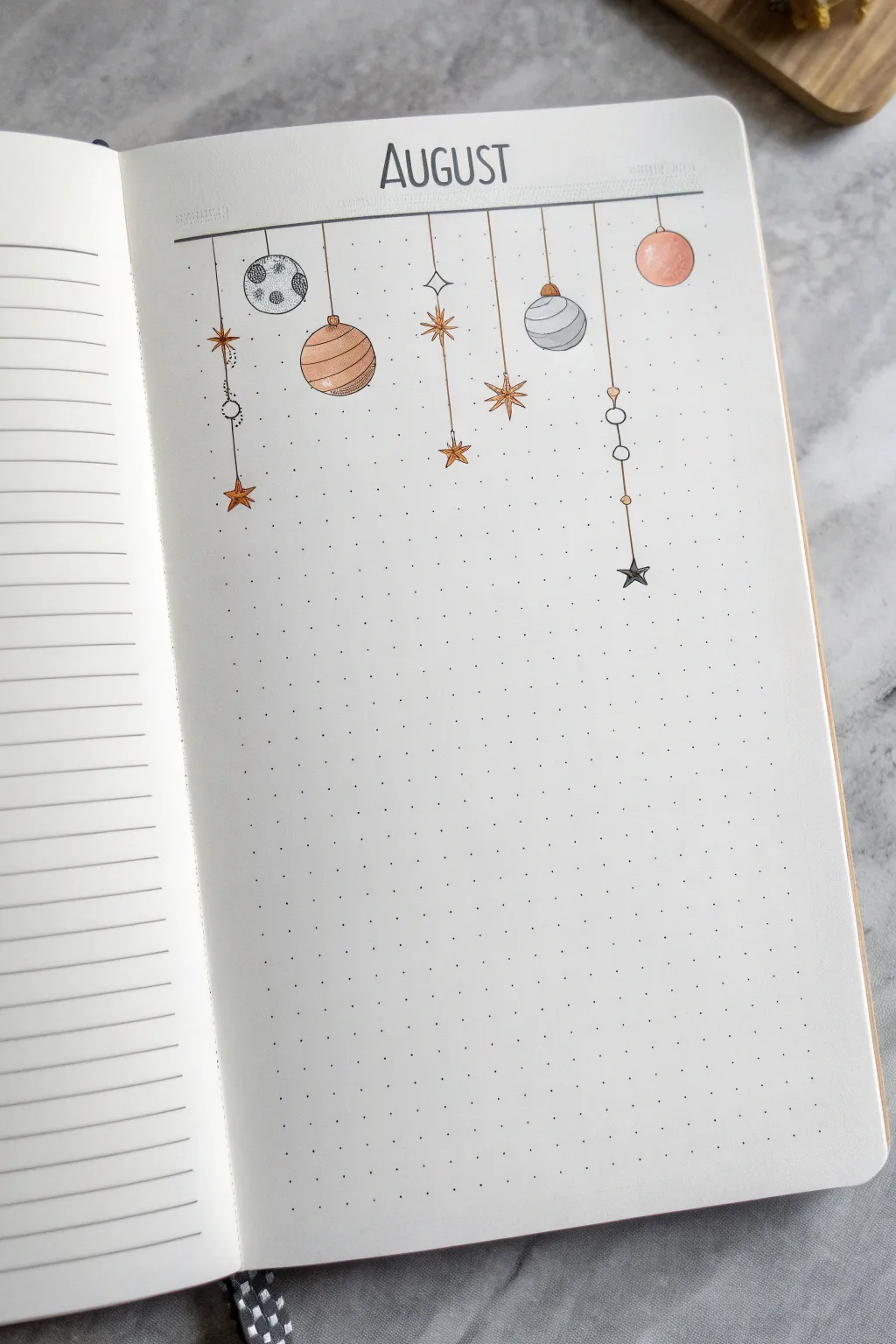 Minimal August header drawing: delicate hanging planets and stars on a clean dotted grid.