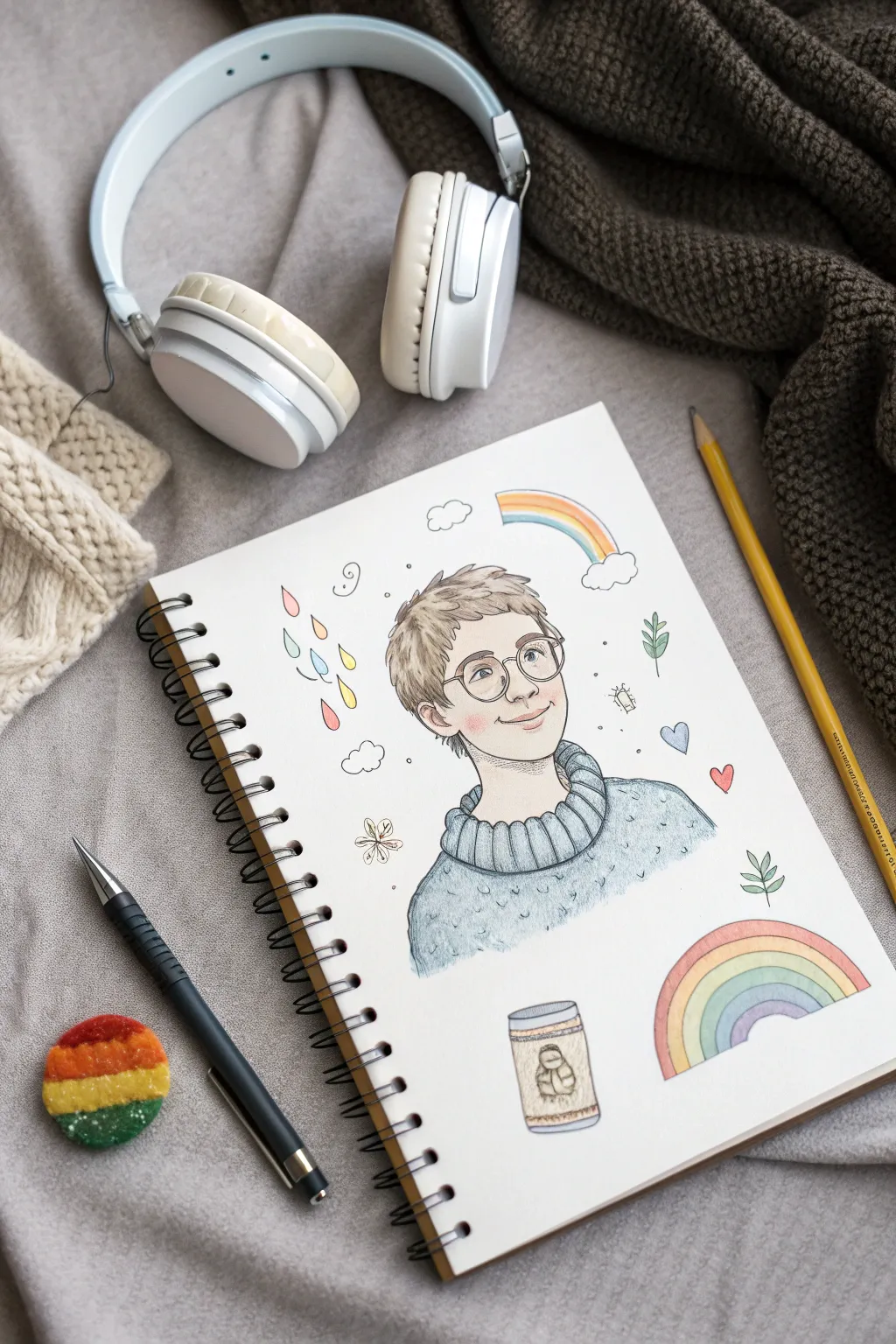 Cozy autism self-portrait drawing with comfort icons and a soft spectrum border around it