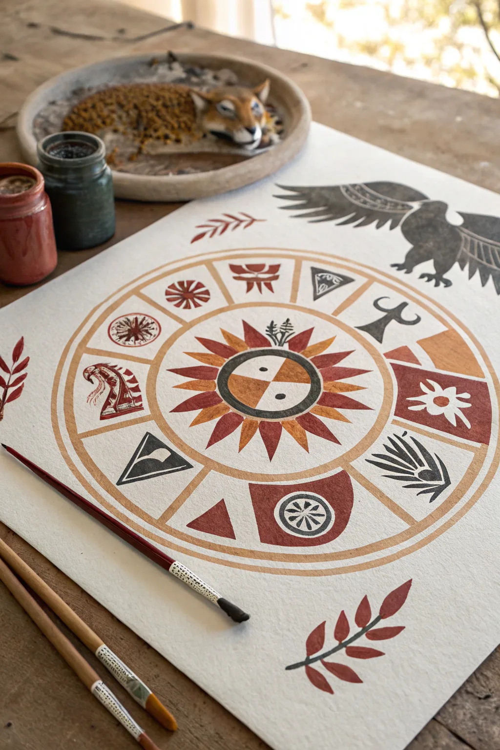Minimal Aztec sun rays with eagle and jaguar icons in a calm Scandinavian boho palette
