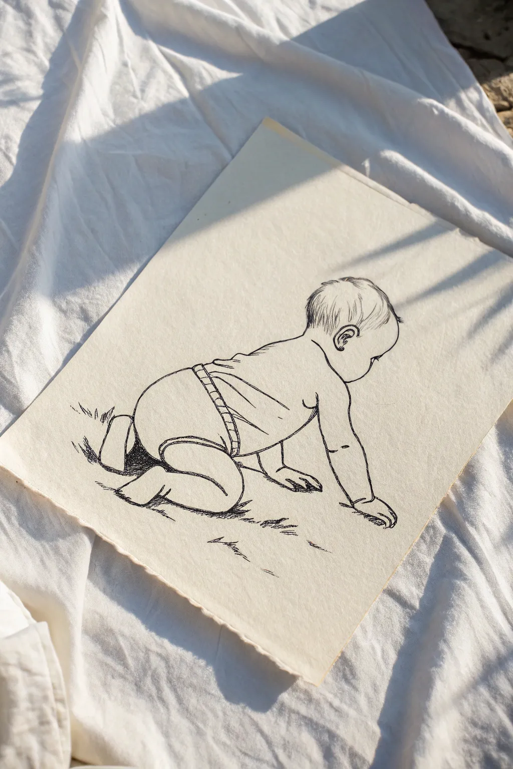 Minimalist line art of a crawling baby with diaper bum silhouette, perfect for baby sketching.