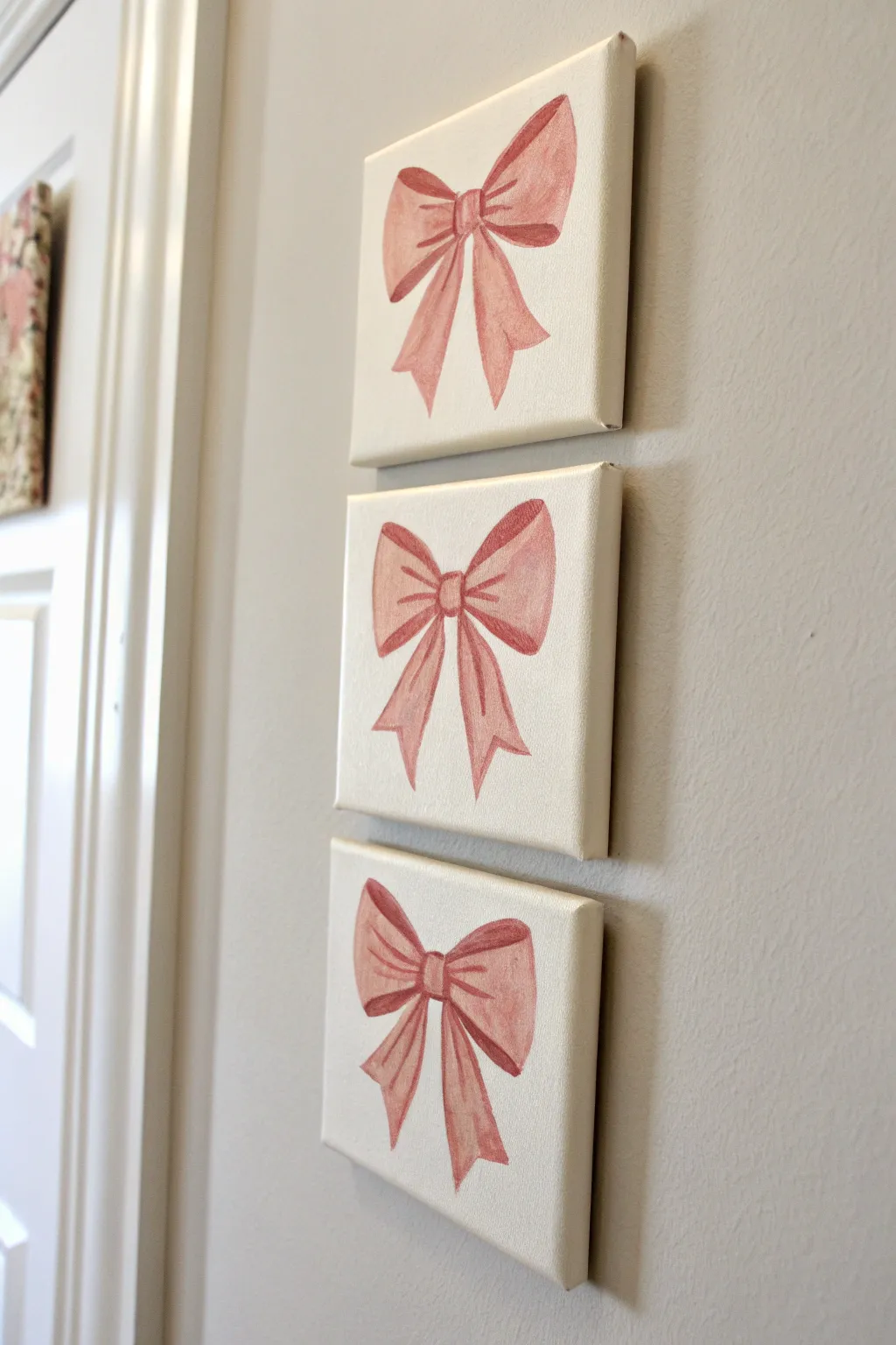 Blush and cream coquette bow trio mini canvases, a sweet minimalist baby girl wall set