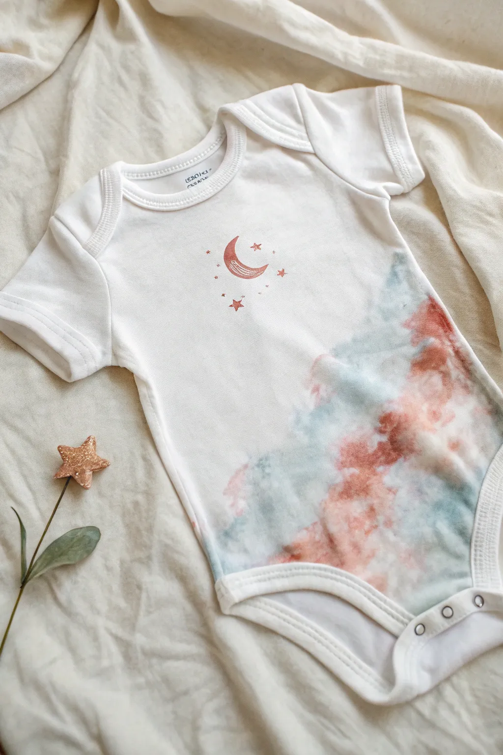 Soft watercolor-wash onesie with layered sky hues and a tiny minimalist icon, clean and dreamy