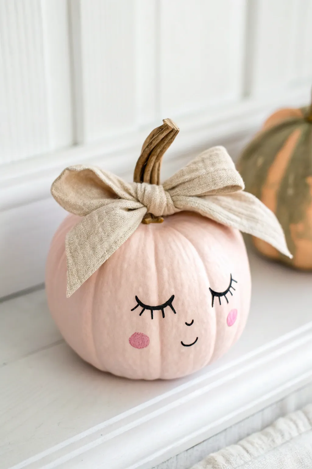 Soft pastel baby pumpkin with sleepy lashes and a linen bow for a sweet minimalist autumn portrait.