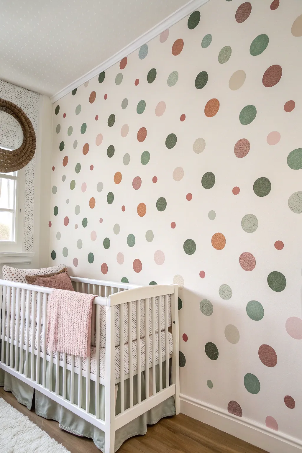 Organic muted polka dots create a modern nursery wall, with a simple DIY touch nearby.