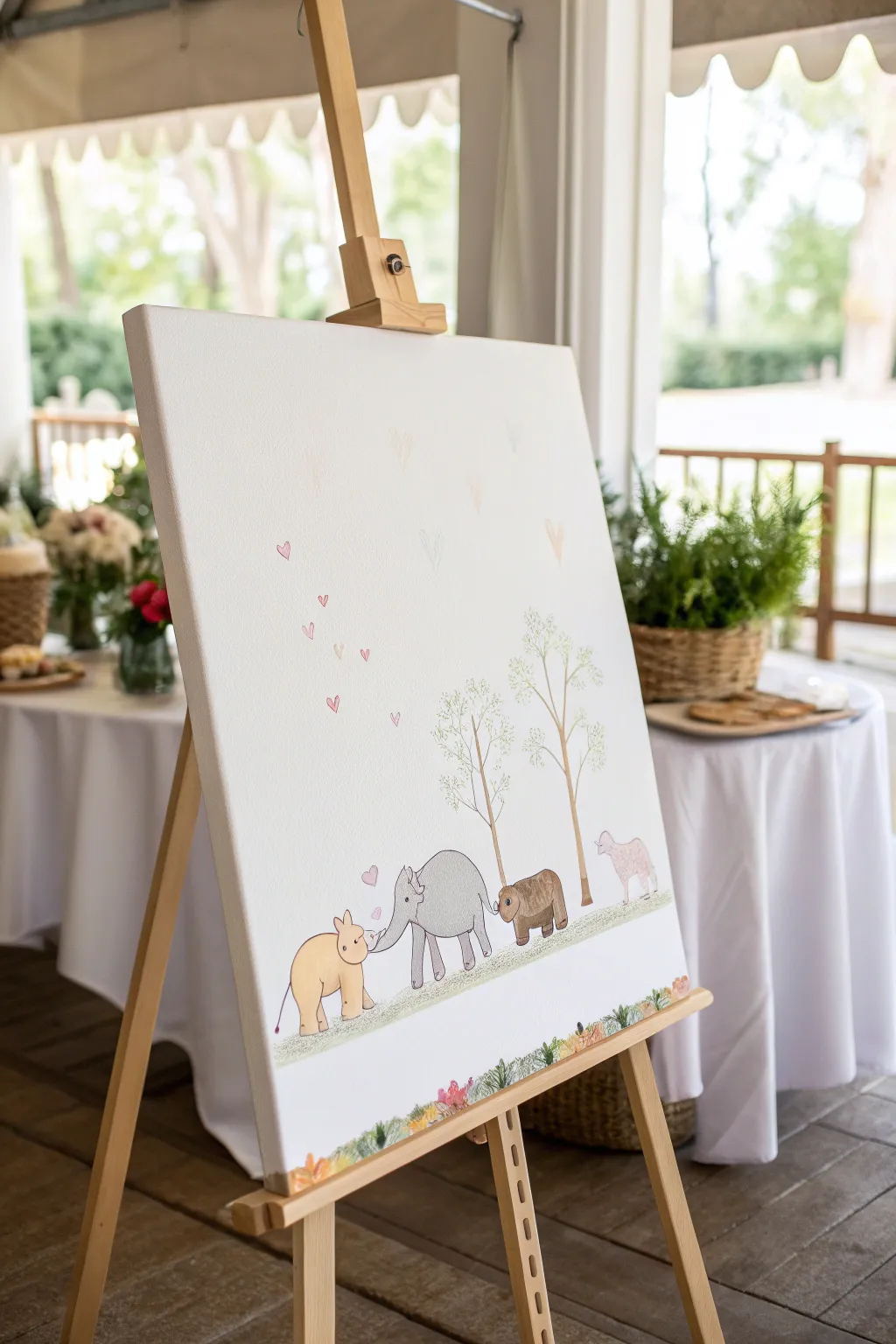 Minimal baby animal parade along the bottom, leaving open sky space for baby shower wishes