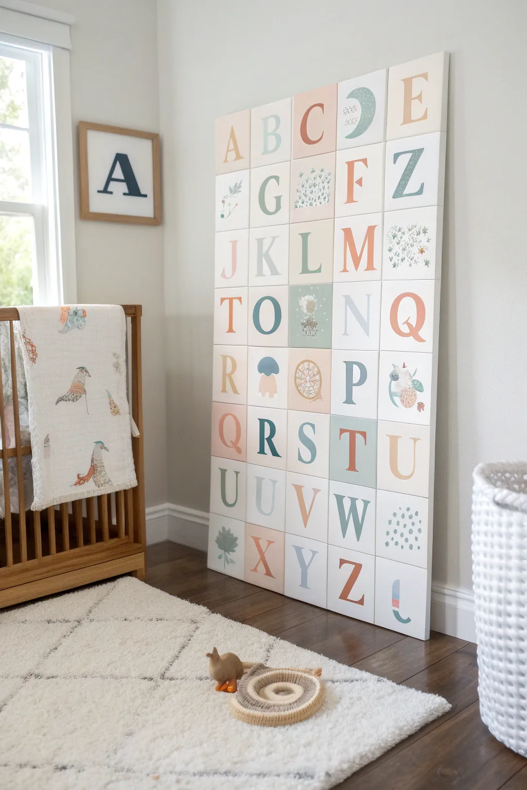 Soft nursery alphabet panel in pastel blocks, hand painted with tiny baby icons, minimalist boho.