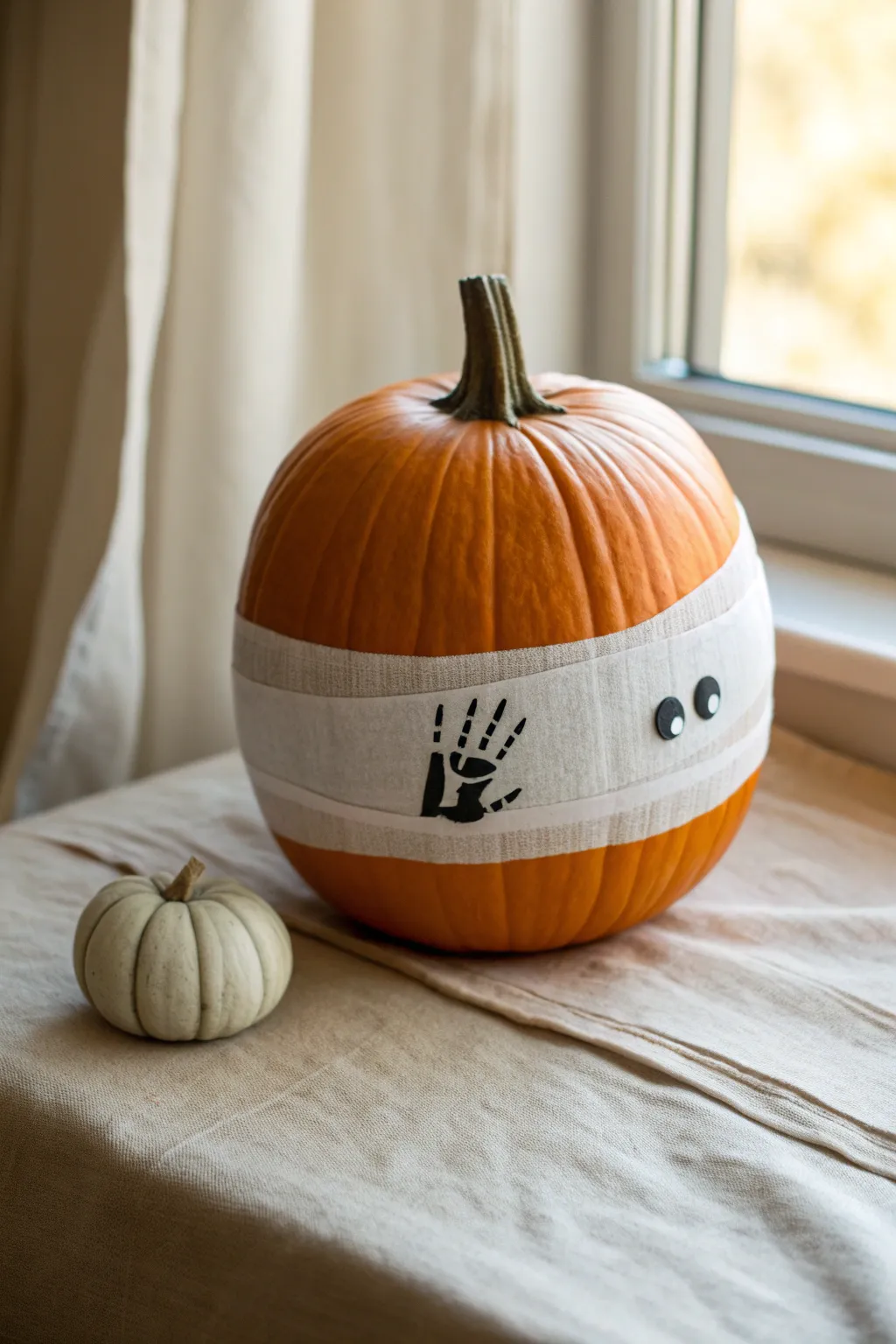 Handprint mummy wrap pumpkin with peeking eyes, minimal and boho, perfect for baby’s first fall