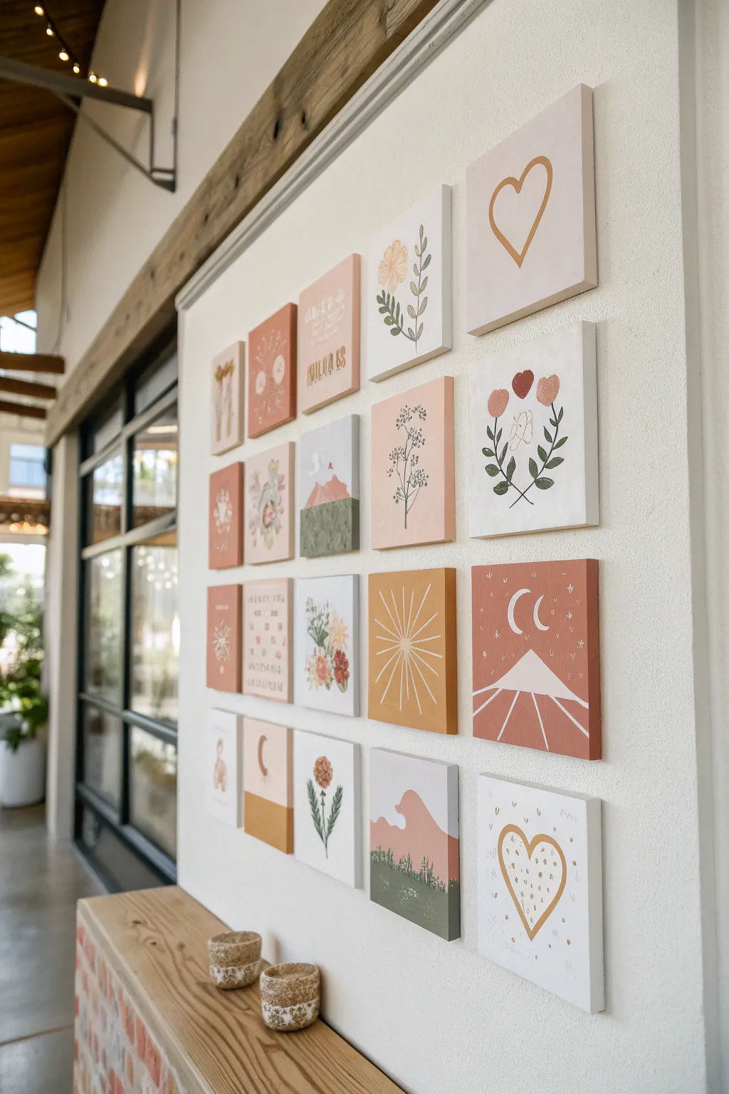 A finished bride quilt canvas grid—each mini painting tells a sweet bachelorette memory.