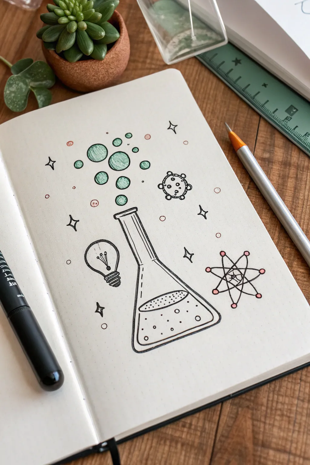 Minimal science doodles: beaker, test tubes, and bubbly sparkles for back-to-school art