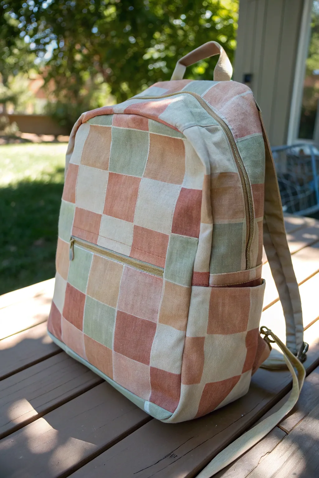 Gradient checkerboard backpack with taped grid lines for calm, modern DIY painting inspiration