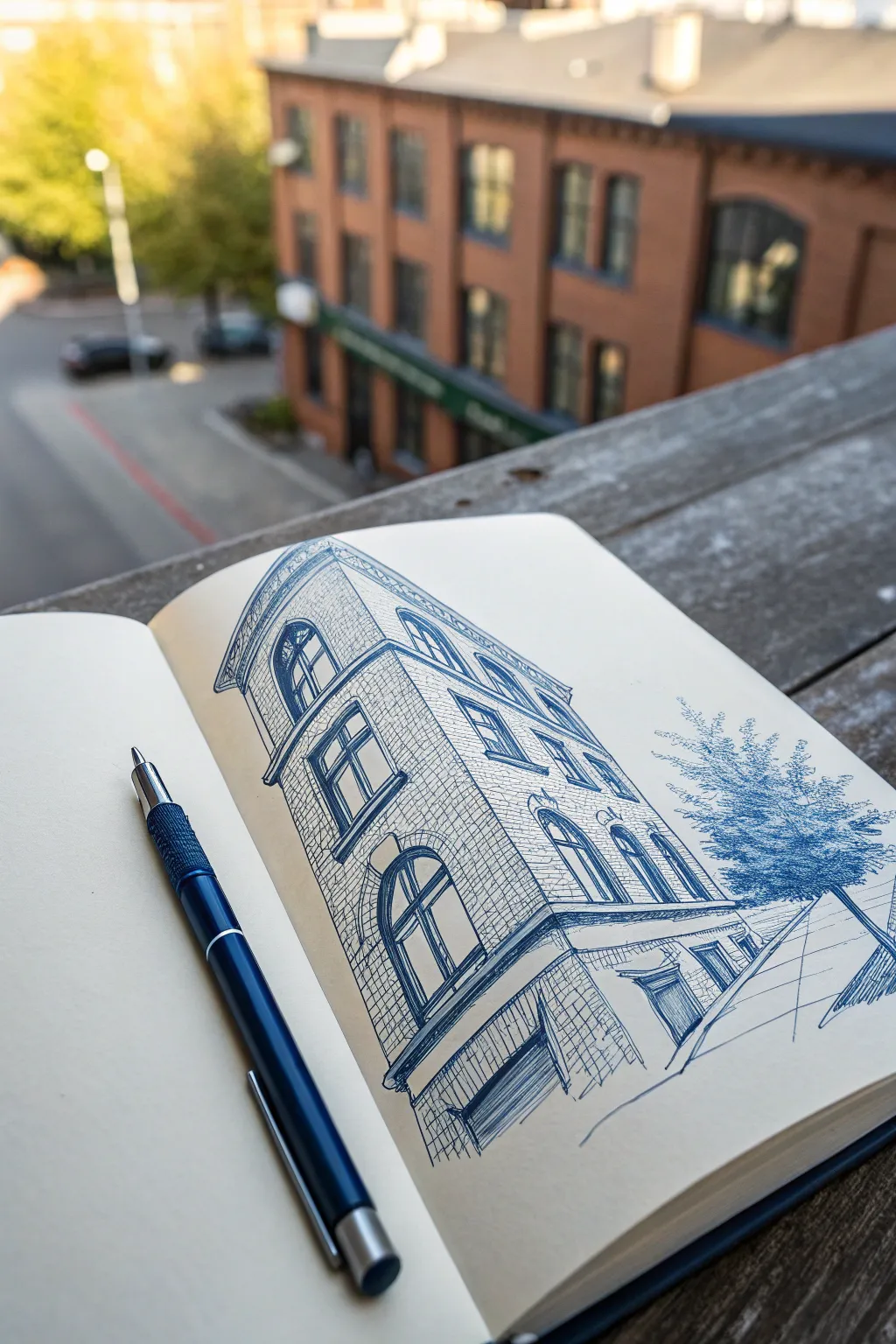 Crisp ballpoint architectural corner sketch with windows, bricks, and subtle cross-hatching