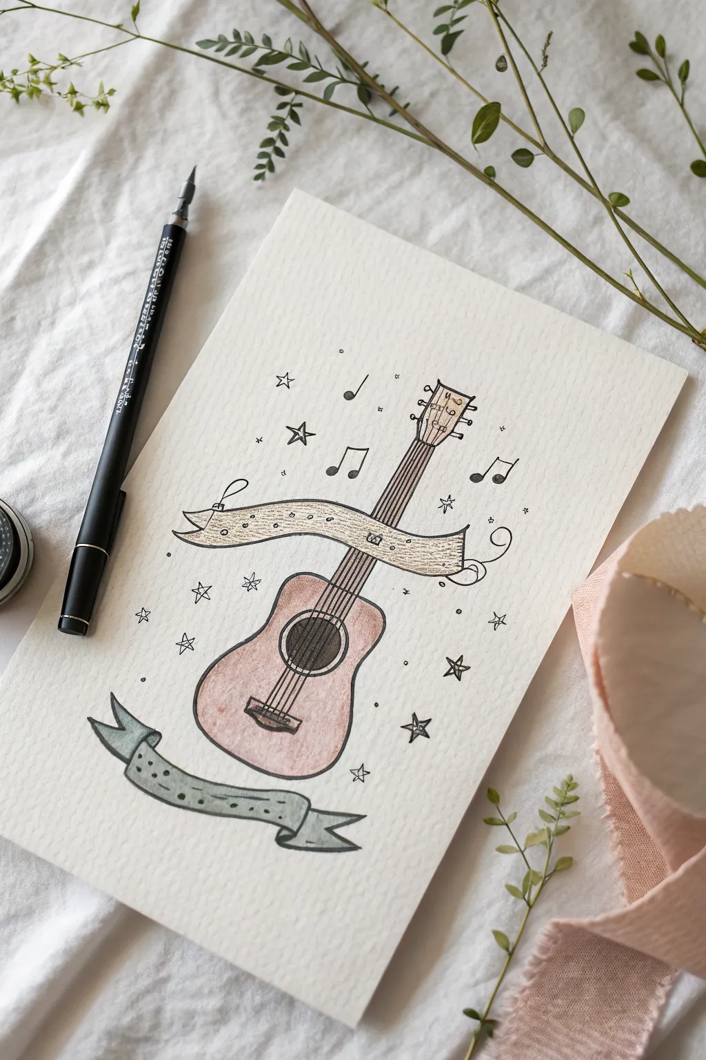Minimal guitar sketch with flowing ribbon banner space, perfect for custom band name ideas
