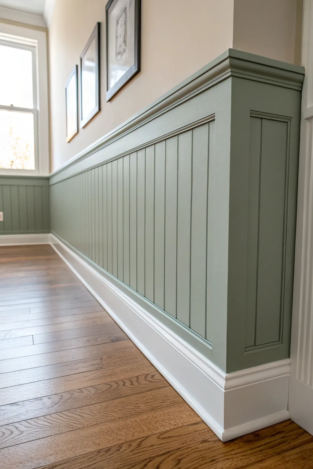 Baseboards and wainscoting in one tone create a crisp, modern line under a soft wall color