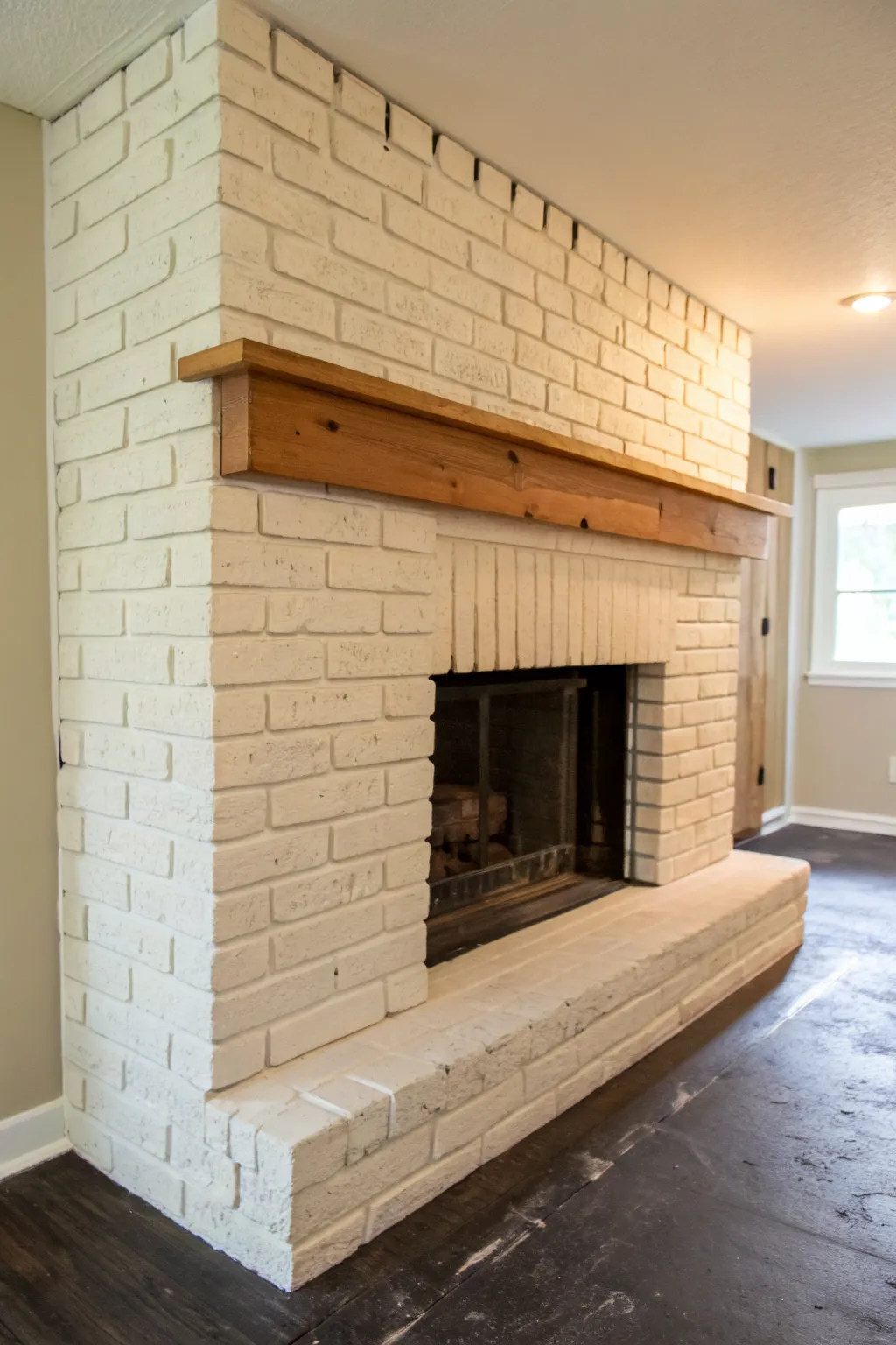 Painted brick keeps its texture while giving an older basement fireplace a fresh, modern lift.