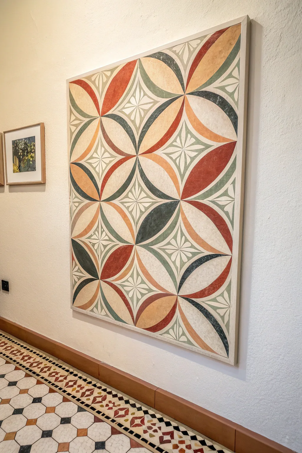 Tile-inspired geometric canvas adds Scandinavian calm while echoing a patterned bathroom floor.