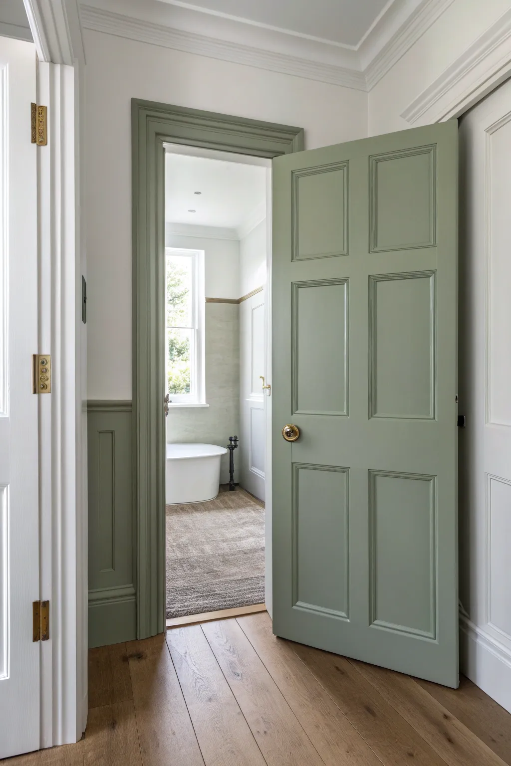 One door, two palettes: greige hallway meets sage bathroom for a seamless, calming flow
