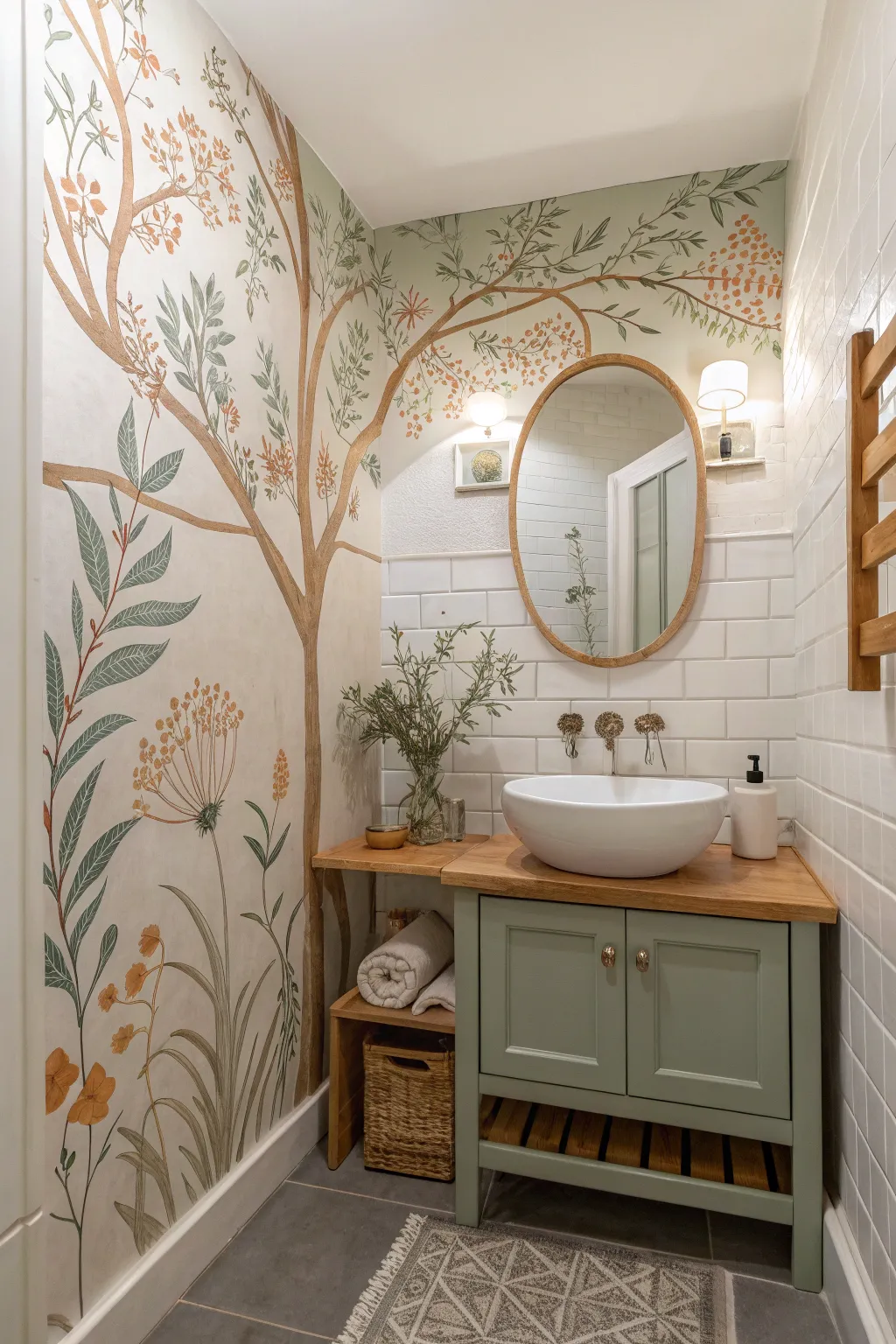 Wraparound corner mural that flows across two bathroom walls with a simple hook for function