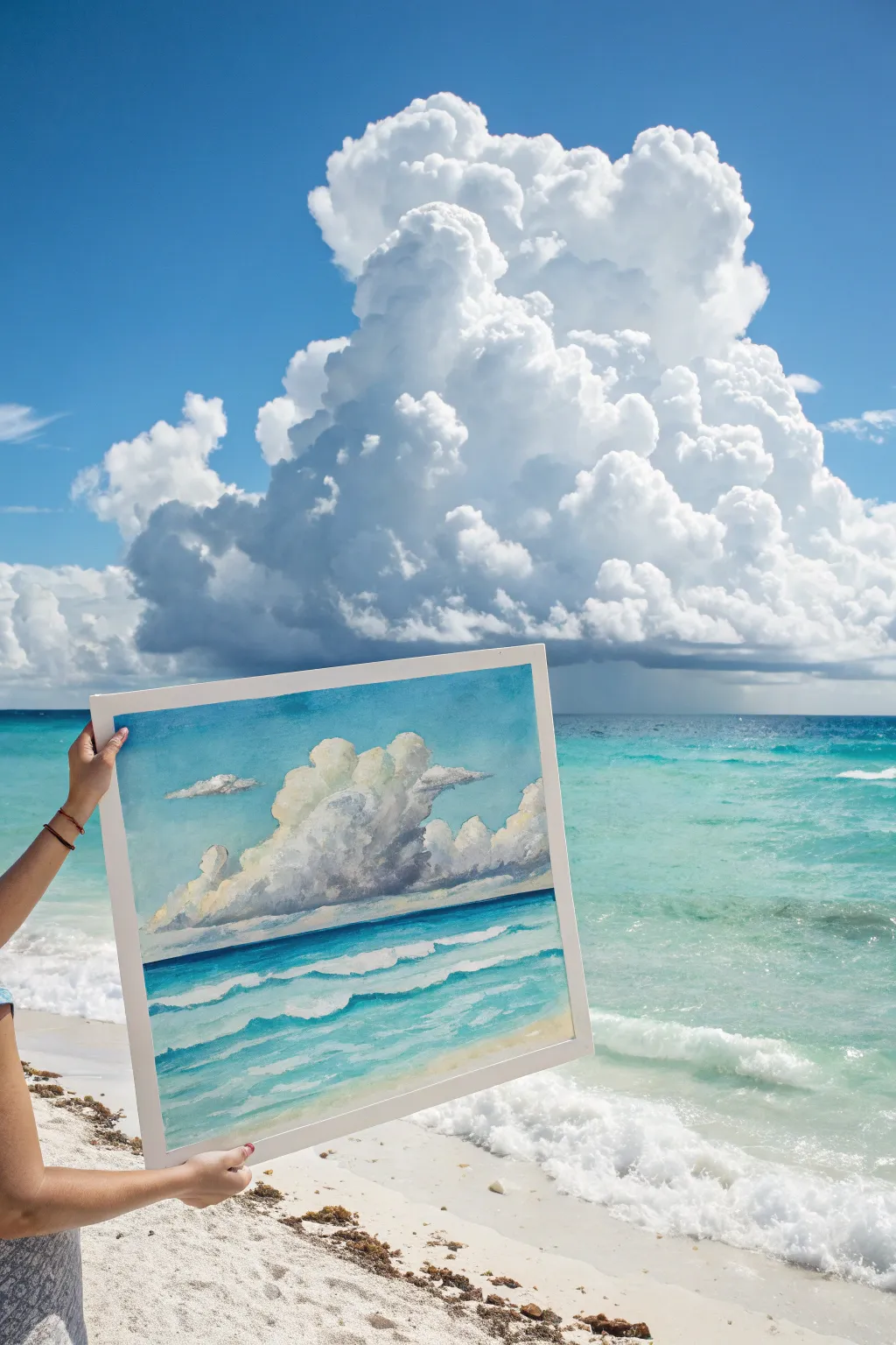 Puffy white clouds and a turquoise midday sea, a clean minimalist beach drawing idea.