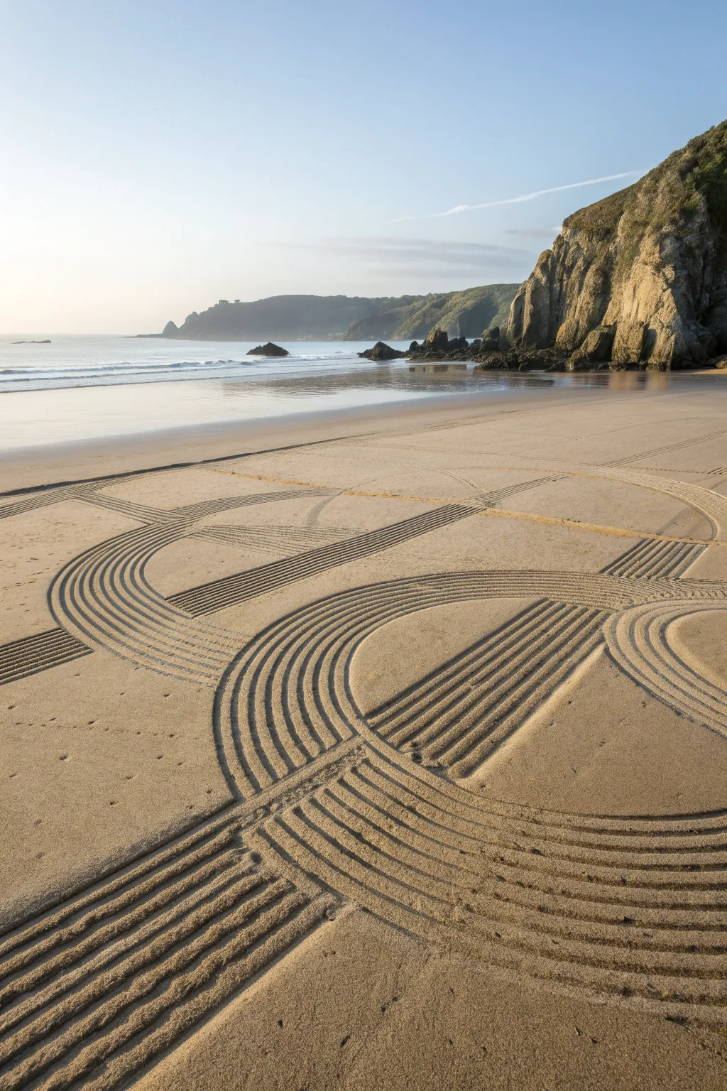 Zen beach sand art: even rake stripes with calming curves, minimalist and soothing from above