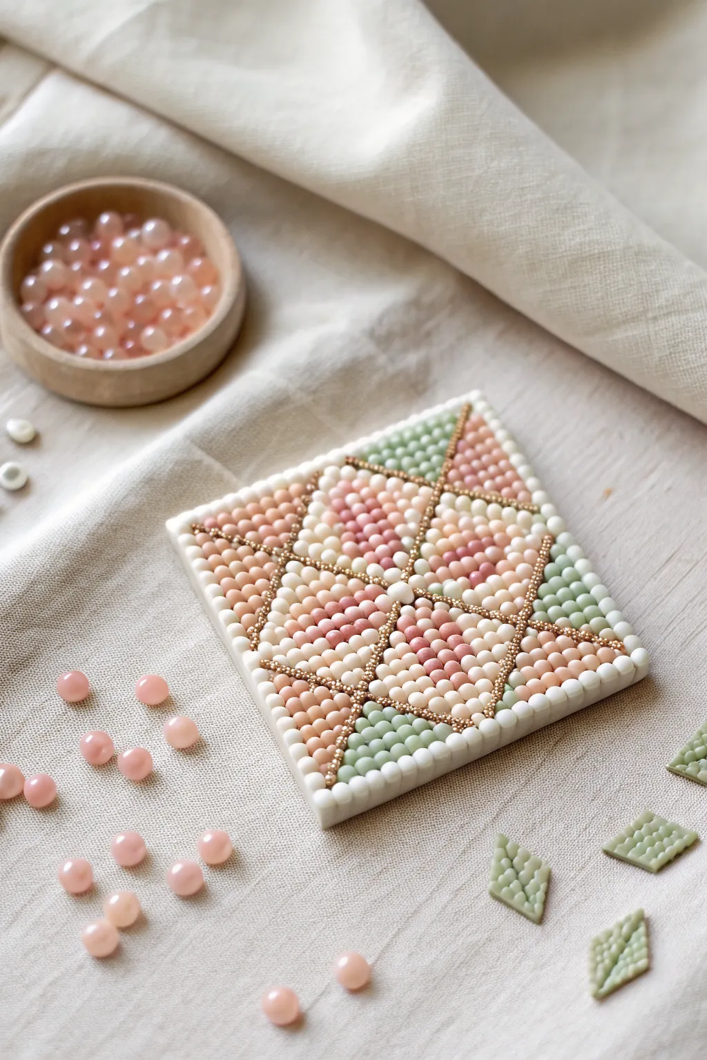 Mini diamond bead panel in progress with a simple flower motif in soft Scandinavian tones.