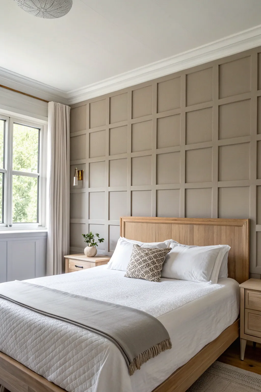 Tone-on-tone painted panel blocks behind the bed for an elegant molding look, no carpentry.