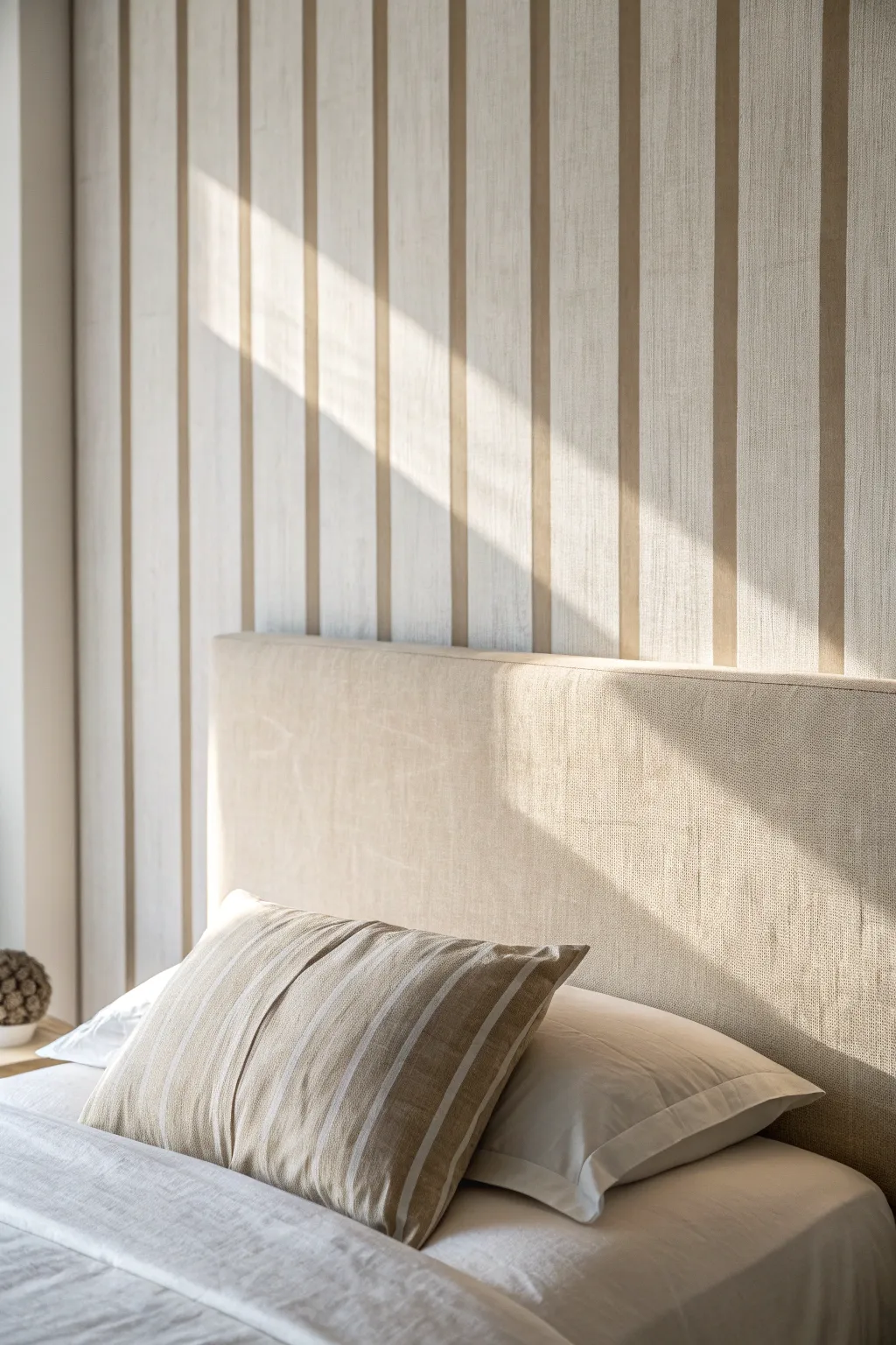 Soft tone-on-tone vertical stripes add height and calm to a low-ceiling bedroom wall.