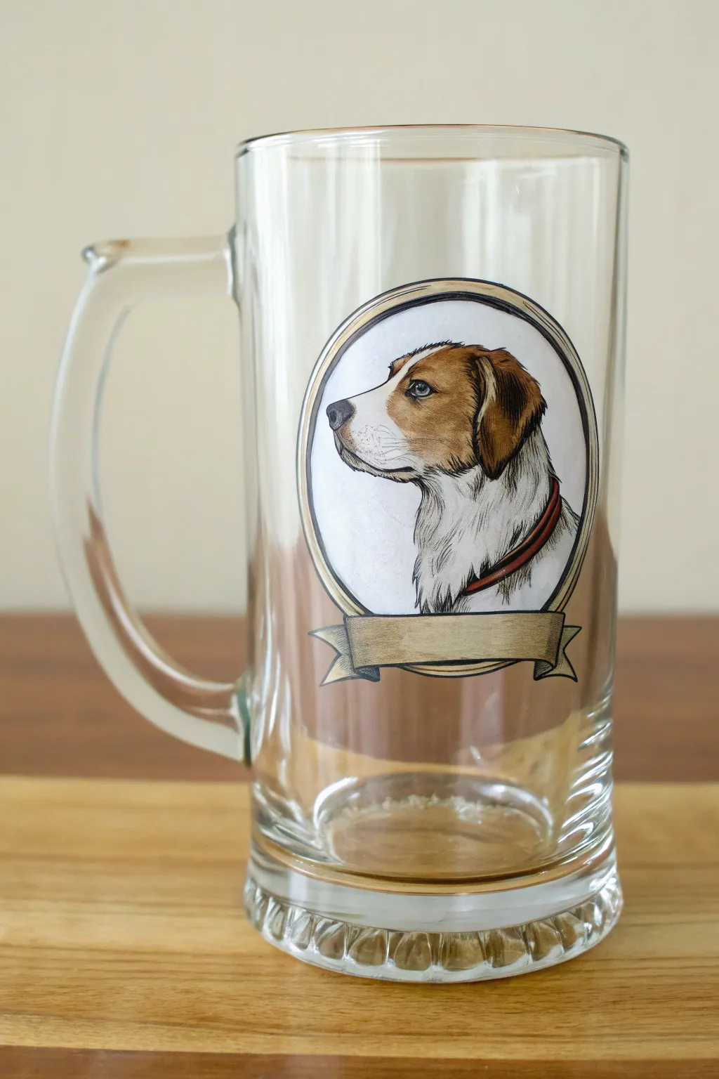 Custom keepsake vibe: a painted pet medallion on a beer mug in soft Scandinavian boho style