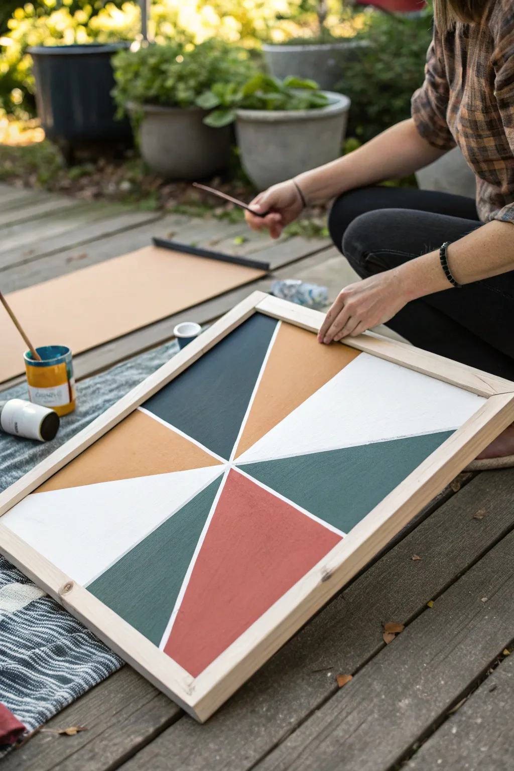 Crisp taped color blocks on a minimalist canvas, perfect beginner acrylic painting practice.
