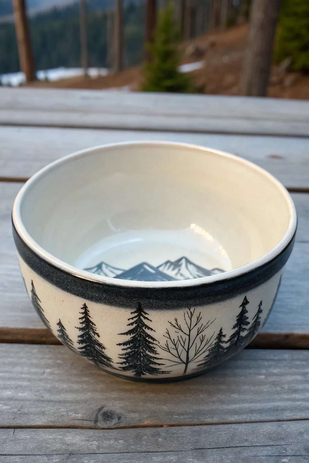 Minimal silhouette landscape inside a bowl: bold black band with a soft sky wash above