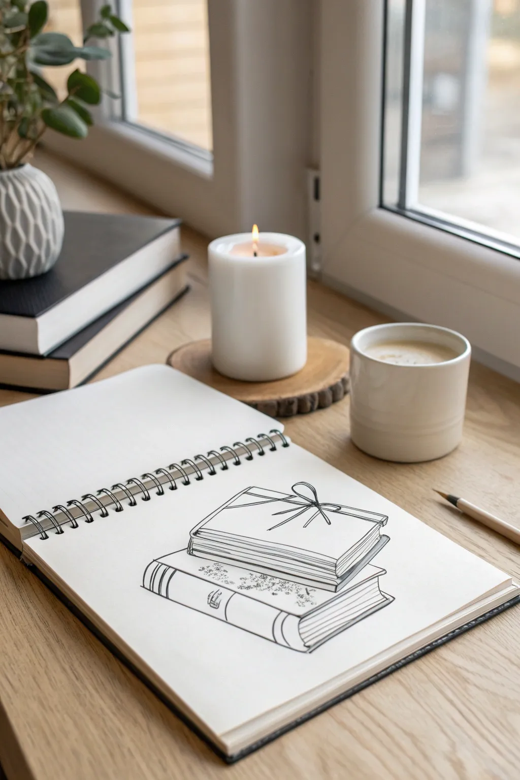 Beginner still life sketch: books, candle and mug in calm minimalist boho style for practice