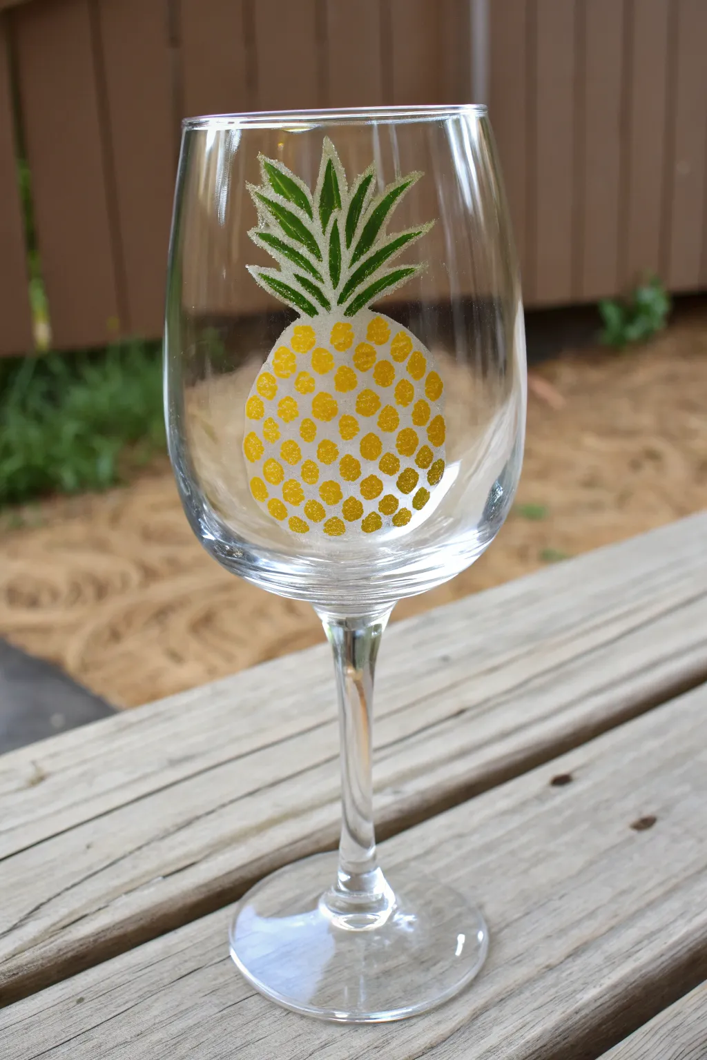 Easy dotted pineapple wine glass painting in progress, perfect beginner dotting practice
