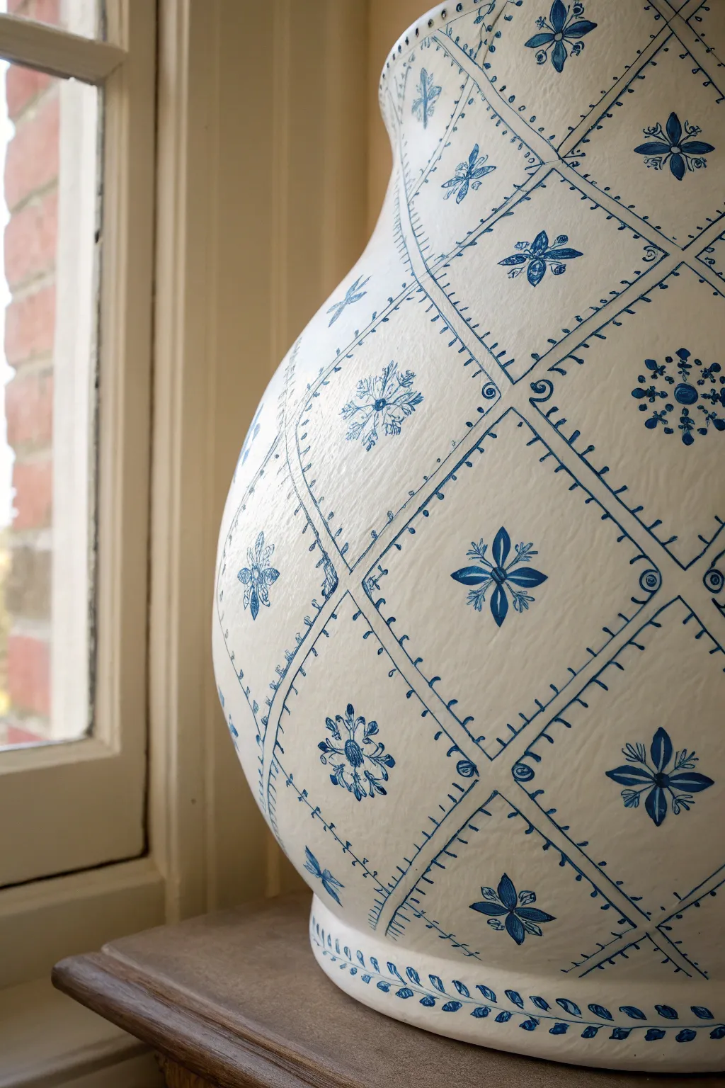 Blue-and-white faux ceramic belly cast with clean, evenly spaced pattern on a smooth curve