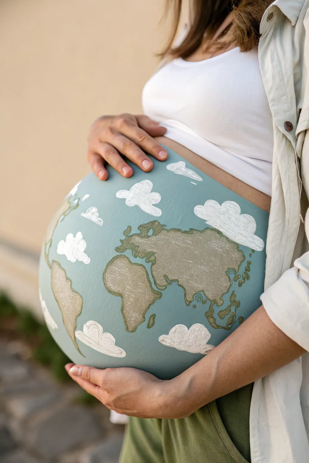 Globe belly painting in soft blues and greens, framed by gentle clouds on a calm neutral backdrop