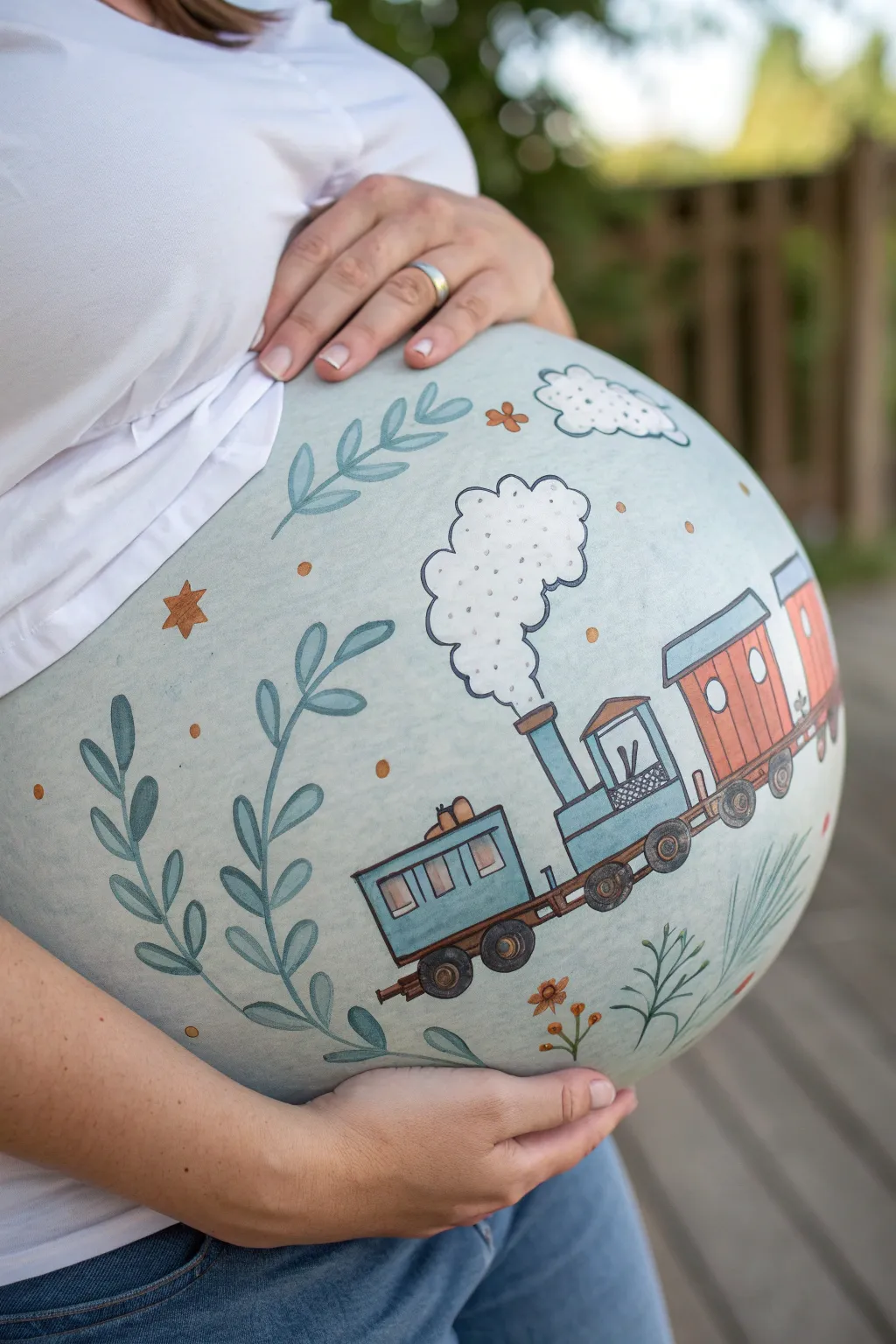 Minimalist belly art: a sweet blue train curving with the bump, ready to welcome baby boy