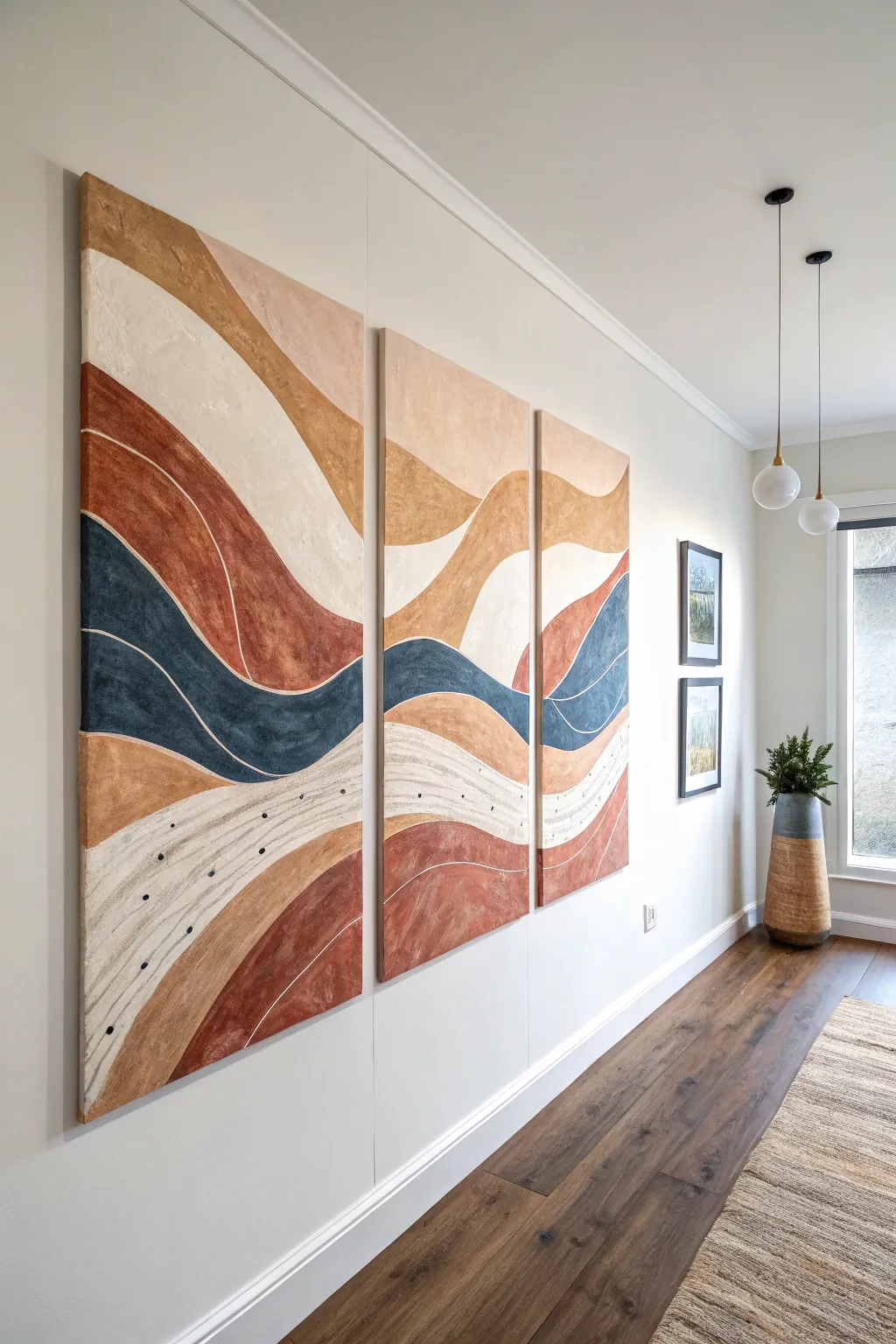 Three aligned canvases create one serene boho-minimal landscape for a striking big-wall statement.